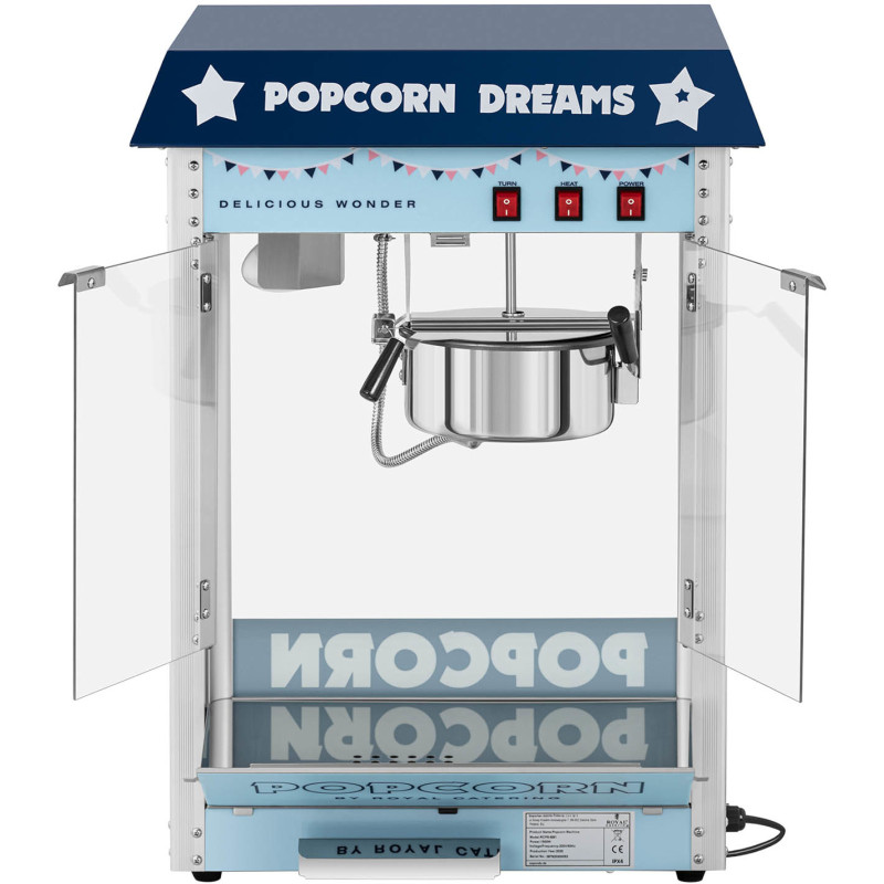 Mašininis kukurūzų spragėsių skrudintuvas retro TEFLON 1600 W 5-6 kg/h - mėlynas