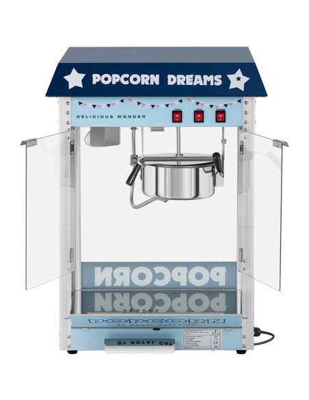 Mašininis kukurūzų spragėsių skrudintuvas retro TEFLON 1600 W 5-6 kg/h - mėlynas Mašininis kukurūzų spragėsių skrudintuvas retro TEFLON 1600 W 5-6 kg/h - mėlynas