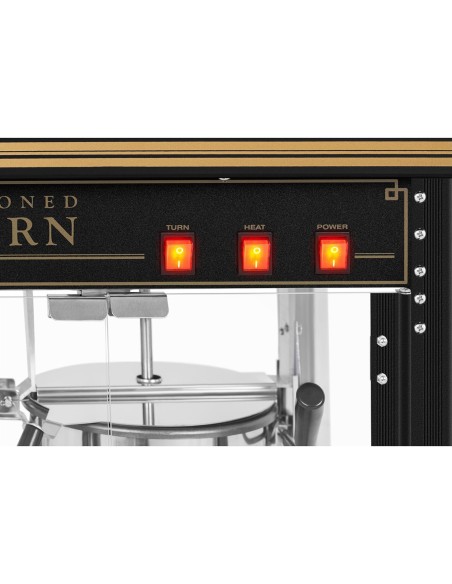 Mašininis kukurūzų spragėsių skrudinimas retro TEFLON 1600 W 5-6 kg/h - juodos ir auksinės spalvos Mašininis kukurūzų spragėsių skrudinimas retro TEFLON 1600 W 5-6 kg/h - juodos ir auksinės spalvos