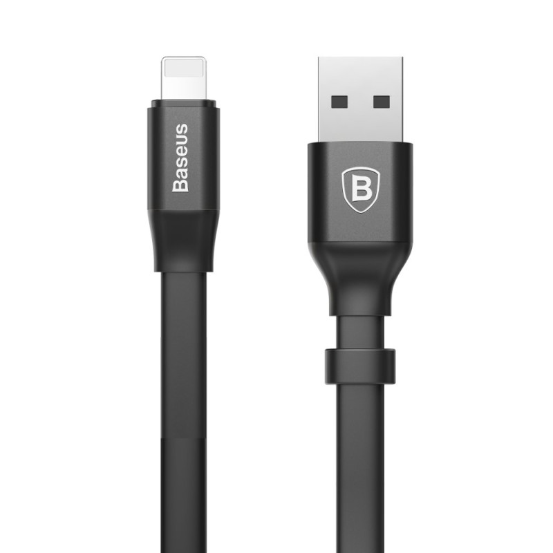 Plokščias kabelis USB laidas Iphone Lightning su laikikliu 2A 23CM juodas