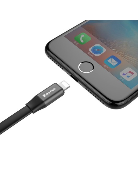 Plokščias kabelis USB laidas Iphone Lightning su laikikliu 2A 23CM juodas