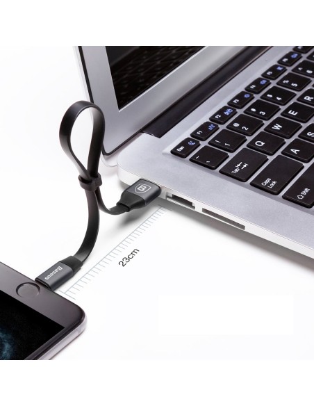 Plokščias kabelis USB laidas Iphone Lightning su laikikliu 2A 23CM juodas