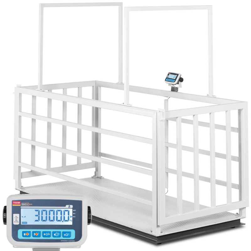 Veterinarinės gyvulininkystės platforminės svarstyklės su narvu gyvūnams 3000/1 kg 110x240 cm LCD Veterinarinės gyvulininkystės platforminės svarstyklės su narvu gyvūnams 3000/1 kg 110x240 cm LCD
