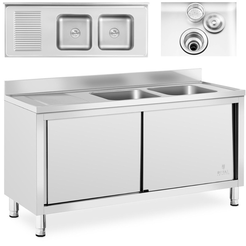 Dviejų kamerų gastronominė baseino kriauklė su spintele su stumdomomis durimis 160 x 60 x 95 cm Dviejų kamerų gastronominė baseino kriauklė su spintele su stumdomomis durimis 160 x 60 x 95 cm