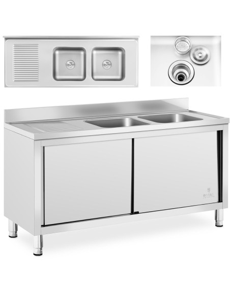 Dviejų kamerų gastronominė baseino kriauklė su spintele su stumdomomis durimis 160 x 60 x 95 cm Dviejų kamerų gastronominė baseino kriauklė su spintele su stumdomomis durimis 160 x 60 x 95 cm