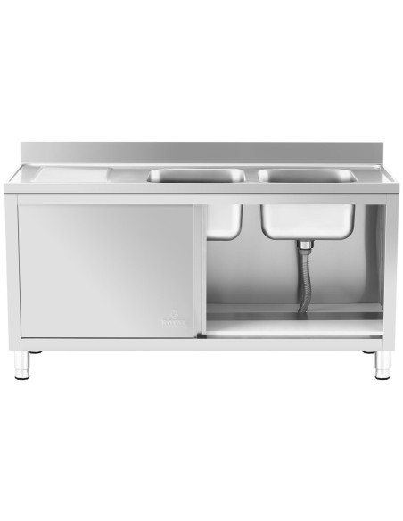 Dviejų kamerų gastronominė baseino kriauklė su spintele su stumdomomis durimis 160 x 60 x 95 cm Dviejų kamerų gastronominė baseino kriauklė su spintele su stumdomomis durimis 160 x 60 x 95 cm