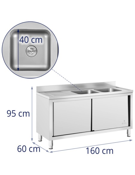 Dviejų kamerų gastronominė baseino kriauklė su spintele su stumdomomis durimis 160 x 60 x 95 cm Dviejų kamerų gastronominė baseino kriauklė su spintele su stumdomomis durimis 160 x 60 x 95 cm