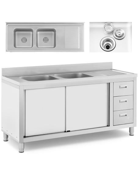 Dviejų kamerų gastronominė baseino kriauklė su spintele su stumdomomis durimis ir stalčiais, plienas 160 x 60 x 95 cm Dviejų kamerų gastronominė baseino kriauklė su spintele su stumdomomis durimis ir stalčiais, plienas 160 x 60 x 95 cm