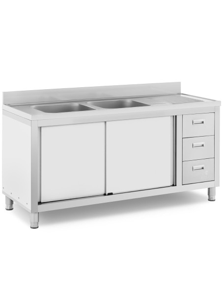 Dviejų kamerų gastronominė baseino kriauklė su spintele su stumdomomis durimis ir stalčiais, plienas 160 x 60 x 95 cm Dviejų kamerų gastronominė baseino kriauklė su spintele su stumdomomis durimis ir stalčiais, plienas 160 x 60 x 95 cm