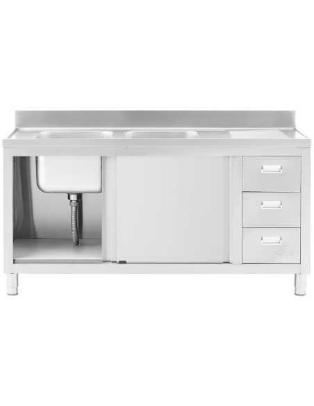 Dviejų kamerų gastronominė baseino kriauklė su spintele su stumdomomis durimis ir stalčiais, plienas 160 x 60 x 95 cm Dviejų kamerų gastronominė baseino kriauklė su spintele su stumdomomis durimis ir stalčiais, plienas 160 x 60 x 95 cm
