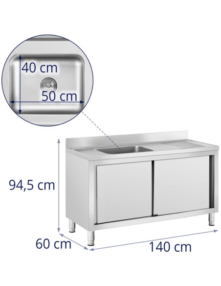 Kriauklės vieno skyriaus gastronominis baseinas su spintele su stumdomomis durimis kairėje 140 x 60 x 94,5 cm Kriauklės vieno skyriaus gastronominis baseinas su spintele su stumdomomis durimis kairėje 140 x 60 x 94,5 cm