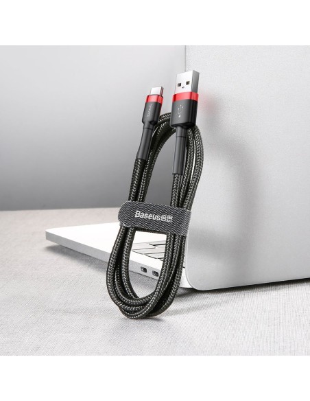 Patvarus lankstus laidas USB laidas USB-C QC3.0 2A 2M juodos ir raudonos spalvos