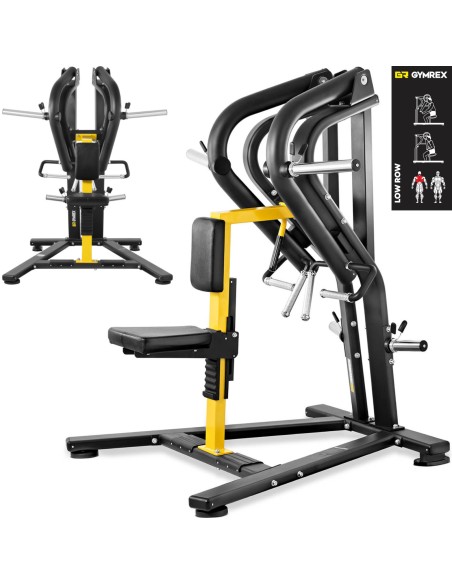 Mašininis prietaisas, skirtas treniruoti nugaros trapecinės nugaros raumenis su laisvu svoriu LOW ROW