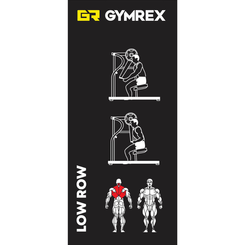 Mašininis prietaisas, skirtas treniruoti nugaros trapecinės nugaros raumenis su laisvu svoriu LOW ROW