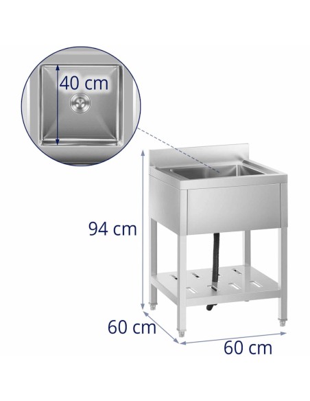 Vienos kameros gastronominė baseino kriauklė su lentyna ir apvadu 60 x 60 x 94 cm
