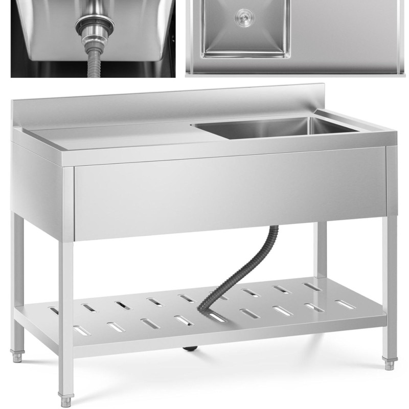 Vienos kameros gastronominė baseino kriauklė su lentyna ir dešiniuoju apvadu 120 x 60 x 94,5 cm Vienos kameros gastronominė baseino kriauklė su lentyna ir dešiniuoju apvadu 120 x 60 x 94,5 cm
