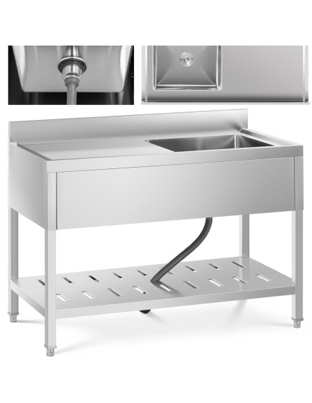 Vienos kameros gastronominė baseino kriauklė su lentyna ir dešiniuoju apvadu 120 x 60 x 94,5 cm Vienos kameros gastronominė baseino kriauklė su lentyna ir dešiniuoju apvadu 120 x 60 x 94,5 cm