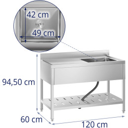 Vienos kameros gastronominė baseino kriauklė su lentyna ir dešiniuoju apvadu 120 x 60 x 94,5 cm