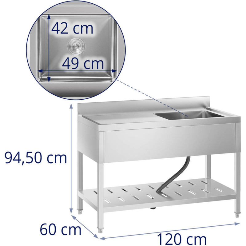 Vienos kameros gastronominė baseino kriauklė su lentyna ir dešiniuoju apvadu 120 x 60 x 94,5 cm
