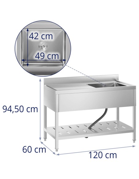 Vienos kameros gastronominė baseino kriauklė su lentyna ir dešiniuoju apvadu 120 x 60 x 94,5 cm Vienos kameros gastronominė baseino kriauklė su lentyna ir dešiniuoju apvadu 120 x 60 x 94,5 cm