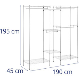 Vielinė kabykla rūbams rūbinei 7 lentynos 4 strypai 189 x 45 x 196 cm iki 210 kg