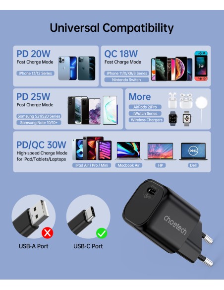 Sieninis įkroviklis GaN USB Type C PD 30W juodas Sieninis įkroviklis GaN USB Type C PD 30W juodas