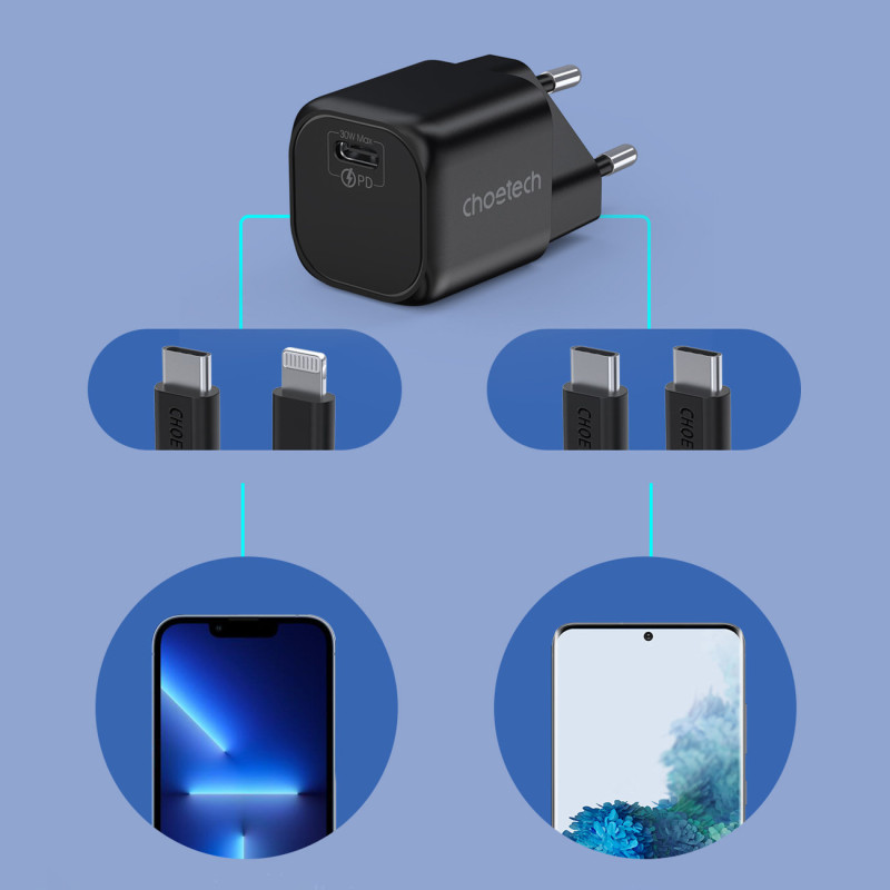 Sieninis įkroviklis GaN USB Type C PD 30W juodas