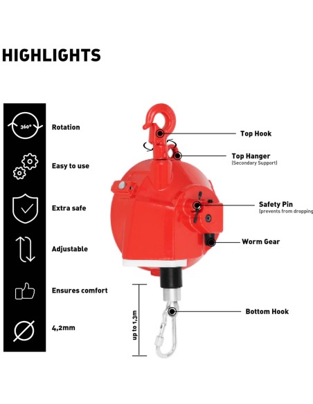 Kabelio balansavimo spyruoklinis įtempimo mažinimas įrankiams 5 - 9 kg 1,3 m Kabelio balansavimo spyruoklinis įtempimo mažinimas įrankiams 5 - 9 kg 1,3 m