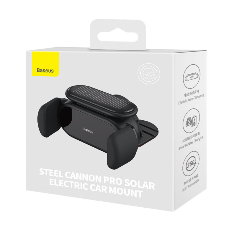 Saulės įkroviklis + automatinis kabinos automobilio laikiklis Steel Cannon Pro juodas