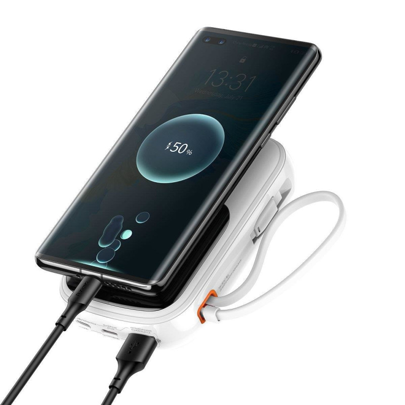 Maitinimo bankas su greitu įkrovimu 20000mAh 22,5W QC-PD-SCP-FCP USB-C kabelis baltas