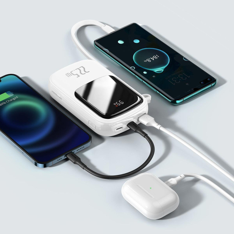 Maitinimo bankas su greitu įkrovimu 20000mAh 22,5W QC-PD-SCP-FCP USB-C kabelis baltas