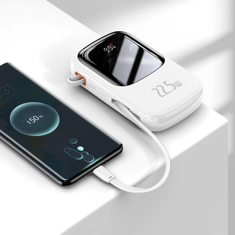 Maitinimo bankas su greitu įkrovimu 20000mAh 22,5W QC-PD-SCP-FCP USB-C kabelis baltas
