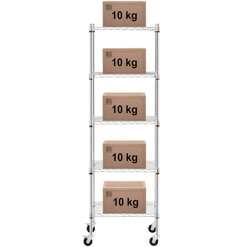 Ažūrinės vielos laikymo lentynos ant ratukų 5 lentynos iki 50 kg 60x45x186 cm