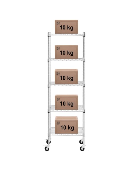 Ažūrinės vielos laikymo lentynos ant ratukų 5 lentynos iki 50 kg 60x45x186 cm Ažūrinės vielos laikymo lentynos ant ratukų 5 lentynos iki 50 kg 60x45x186 cm