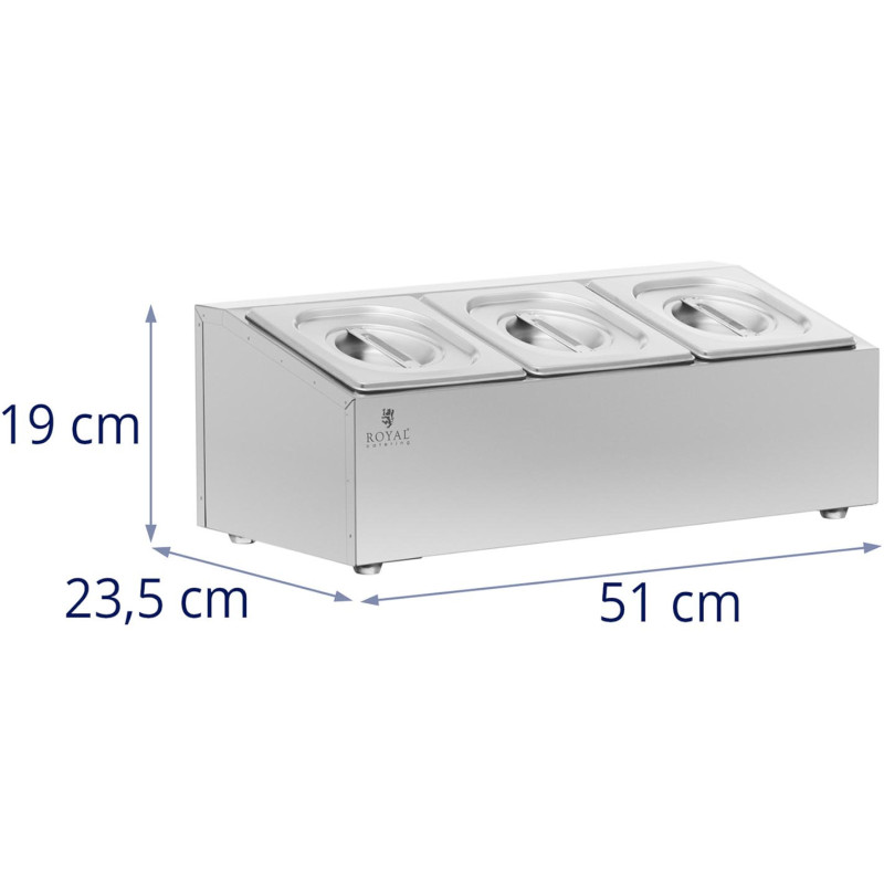 Vitrinos stovas maitinimo indams 3 x GN 1/6 5,7 l + konteineriai su dangteliais