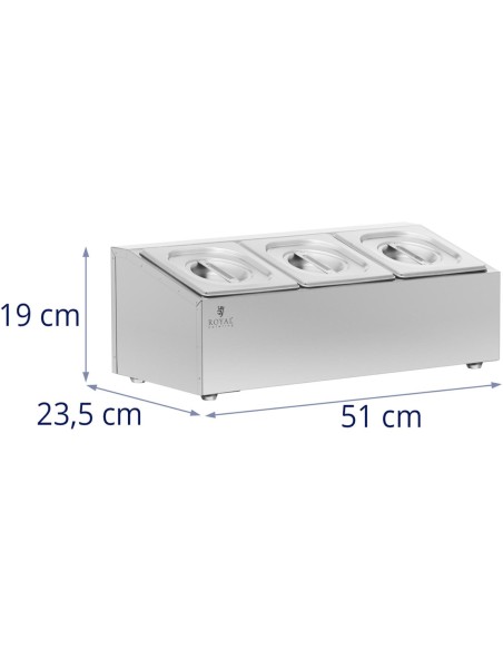 Vitrinos stovas maitinimo indams 3 x GN 1/6 5,7 l + konteineriai su dangteliais Vitrinos stovas maitinimo indams 3 x GN 1/6 5,7 l + konteineriai su dangteliais
