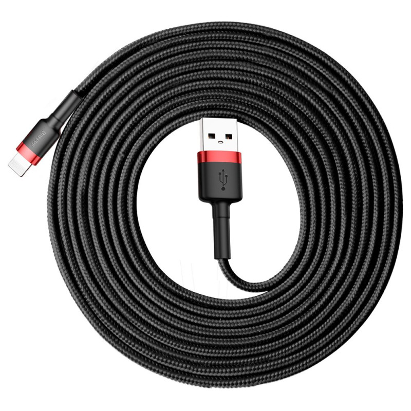 Patvarus nailoninis kabelis USB laidas Iphone Lightning QC3.0 2A 3M juodos ir raudonos spalvos