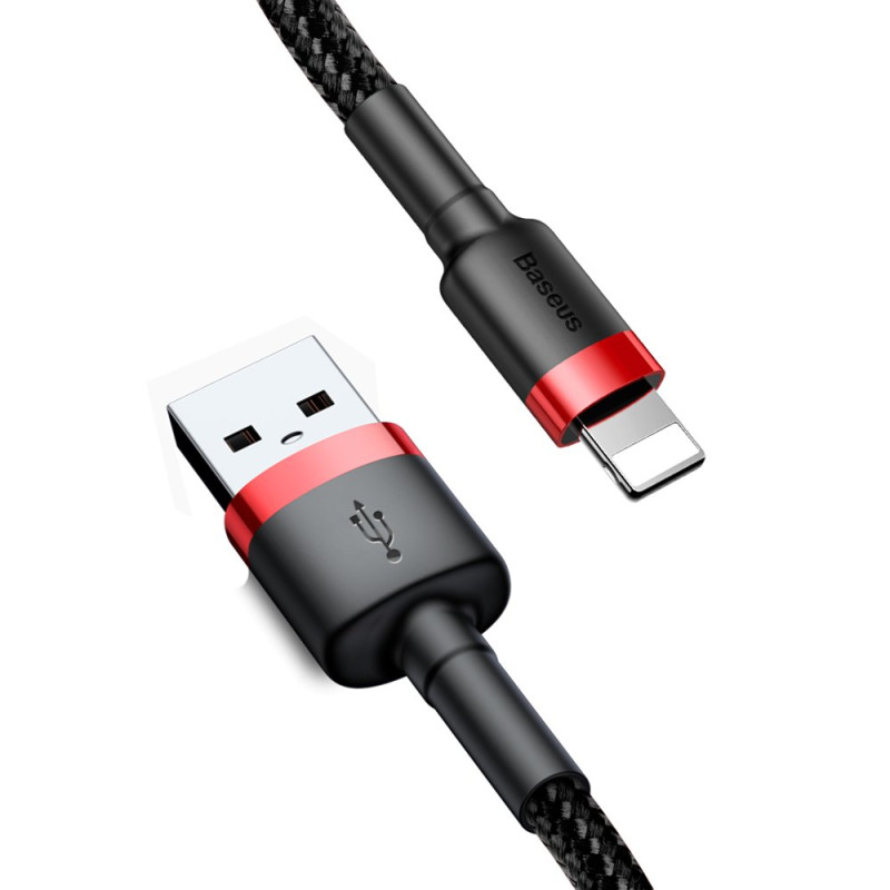 Patvarus nailoninis kabelis USB laidas Iphone Lightning QC3.0 2A 3M juodos ir raudonos spalvos