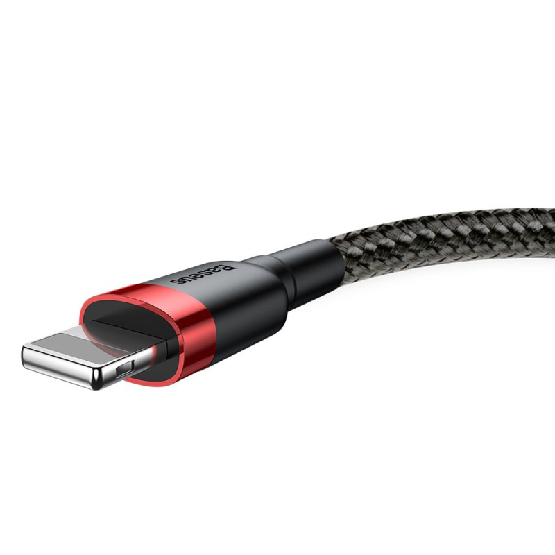Patvarus nailoninis kabelis USB laidas Iphone Lightning QC3.0 2A 3M juodos ir raudonos spalvos