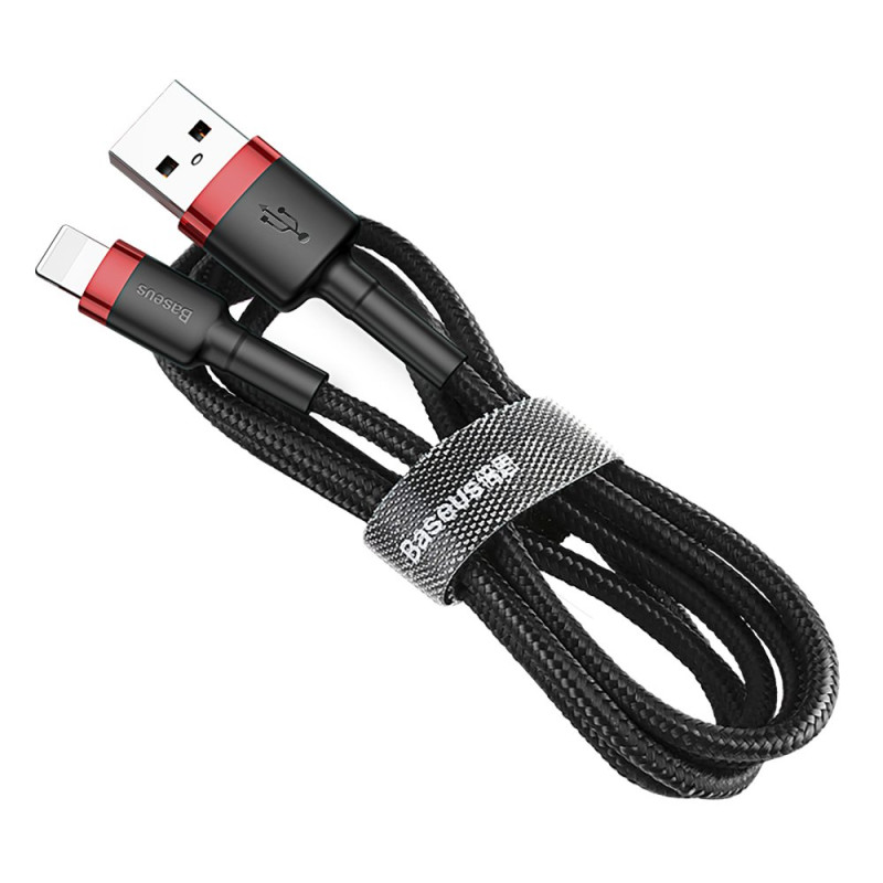 Patvarus nailoninis kabelis USB laidas Iphone Lightning QC3.0 2A 3M juodos ir raudonos spalvos