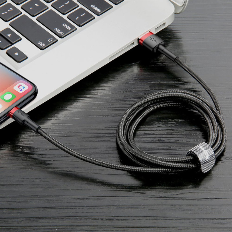 Patvarus nailoninis kabelis USB laidas Iphone Lightning QC3.0 2A 3M juodos ir raudonos spalvos
