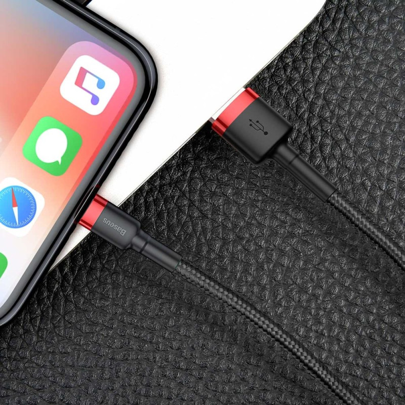 Patvarus nailoninis kabelis USB laidas Iphone Lightning QC3.0 2A 3M juodos ir raudonos spalvos