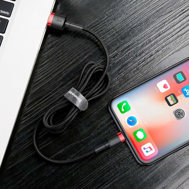 Patvarus nailoninis kabelis USB laidas Iphone Lightning QC3.0 2A 3M juodos ir raudonos spalvos
