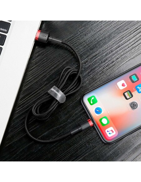 Patvarus nailoninis kabelis USB laidas Iphone Lightning QC3.0 2A 3M juodos ir raudonos spalvos Patvarus nailoninis kabelis USB laidas Iphone Lightning QC3.0 2A 3M juodos ir raudonos spalvos