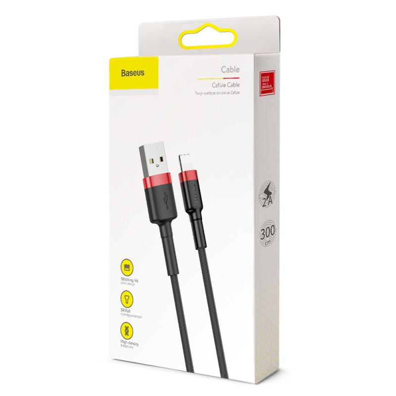 Patvarus nailoninis kabelis USB laidas Iphone Lightning QC3.0 2A 3M juodos ir raudonos spalvos
