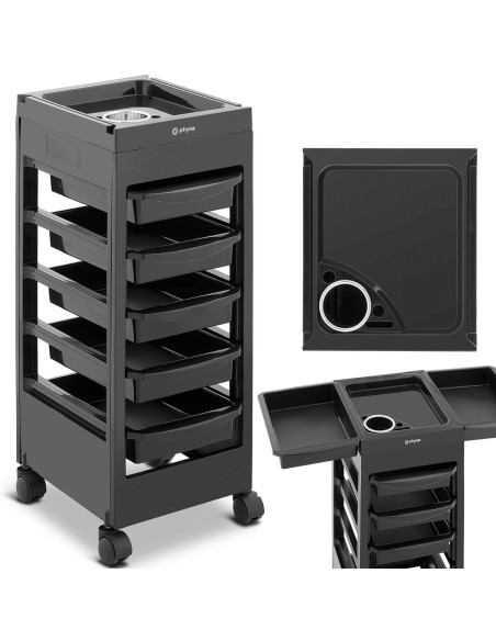 Kirpyklos pagalbinis vežimėlis su džiovintuvo laikikliu 5 stalčių lentyna 495 x 284 mm Kirpyklos pagalbinis vežimėlis su džiovintuvo laikikliu 5 stalčių lentyna 495 x 284 mm