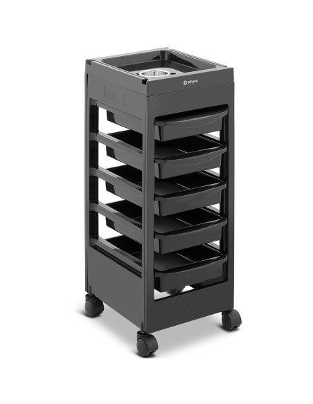 Kirpyklos pagalbinis vežimėlis su džiovintuvo laikikliu 5 stalčių lentyna 495 x 284 mm Kirpyklos pagalbinis vežimėlis su džiovintuvo laikikliu 5 stalčių lentyna 495 x 284 mm