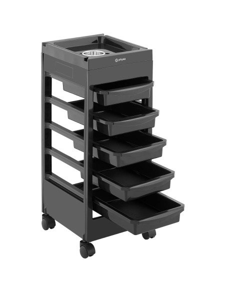 Kirpyklos pagalbinis vežimėlis su džiovintuvo laikikliu 5 stalčių lentyna 495 x 284 mm Kirpyklos pagalbinis vežimėlis su džiovintuvo laikikliu 5 stalčių lentyna 495 x 284 mm