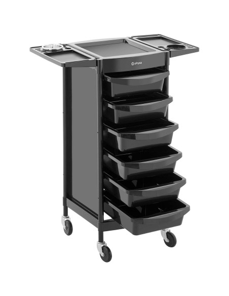 Kirpyklos pagalbinis vežimėlis su džiovintuvo laikikliu 6 stalčių lentyna 420 x 390 mm Kirpyklos pagalbinis vežimėlis su džiovintuvo laikikliu 6 stalčių lentyna 420 x 390 mm