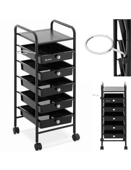 Kirpyklos pagalbinis vežimėlis su džiovintuvo laikikliu 5 stalčių lentyna 330 x 320 mm Kirpyklos pagalbinis vežimėlis su džiovintuvo laikikliu 5 stalčių lentyna 330 x 320 mm
